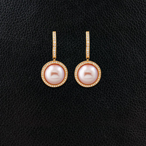 Pink Pearl & Diamond Dangle Earrings
