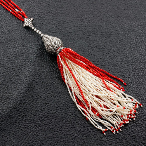 Coral, Pearl & Diamond Tassel Necklace