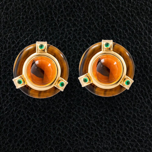 Citrine, Tiger's Eye & Emerald Estate Earrings