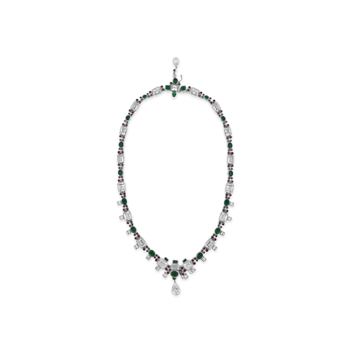 Emerald, Ruby & White Sapphire Estate Necklace