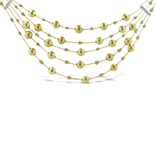 Five Strand Golden Pearl & Diamond Necklace