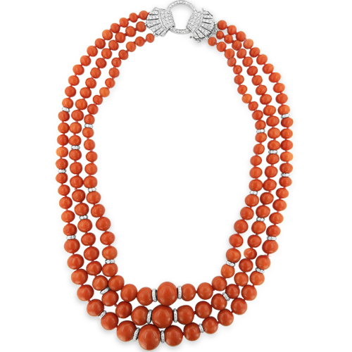 Coral & Diamond Three Strand Necklace