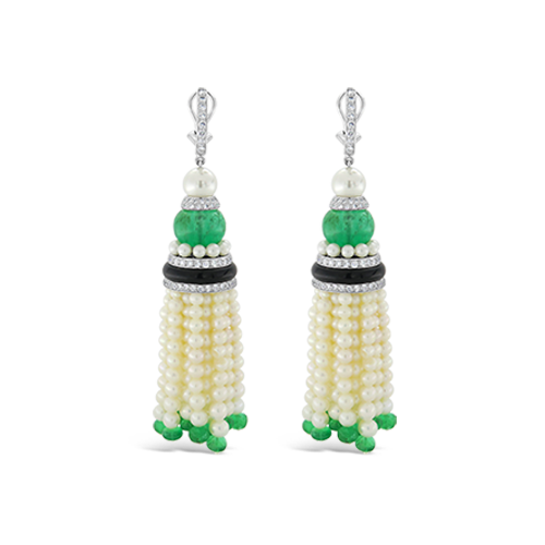 Pearl, Emerald, Onyx & Diamond Tassel Earrings