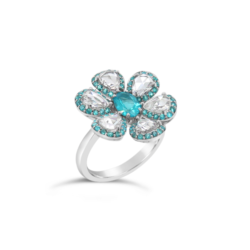 Paraiba & Diamond Flower Design Ring