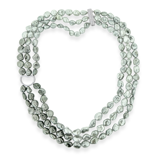 Three Row Keshi Pearl & Diamond Necklace