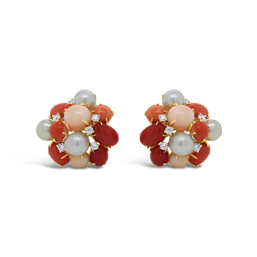 Coral, Diamond & Pearl Cluster Earrings