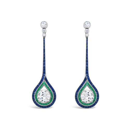 Diamond, Emerald & Sapphire Dangle Earrings