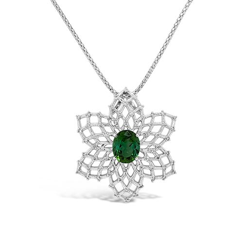 Green Tourmaline & Diamond Flower Pendant
