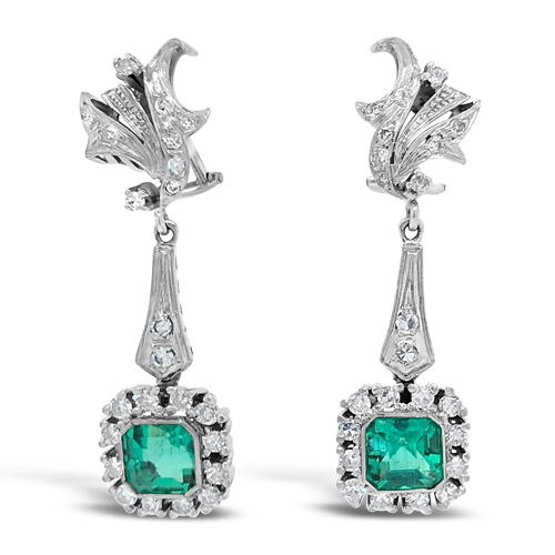 Emerald & Diamond Dangle Estate Earrings