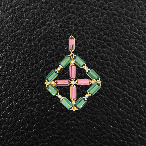 Pink & Green Tourmaline Pin/Pendant with Diamonds