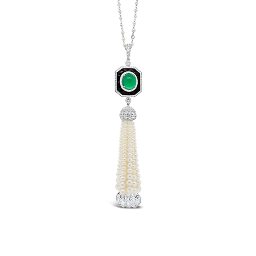 Emerald, Diamond & Pearl Tassel Necklace