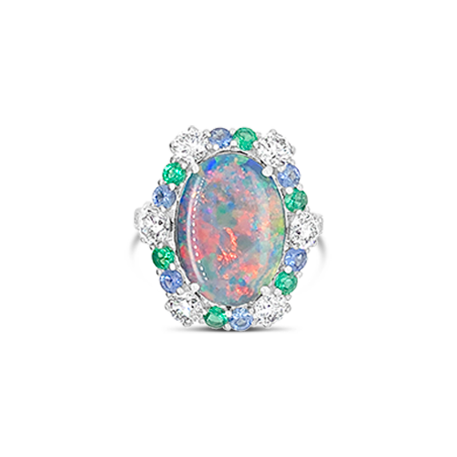 Opal, Emerald, Sapphire & Diamond Ring