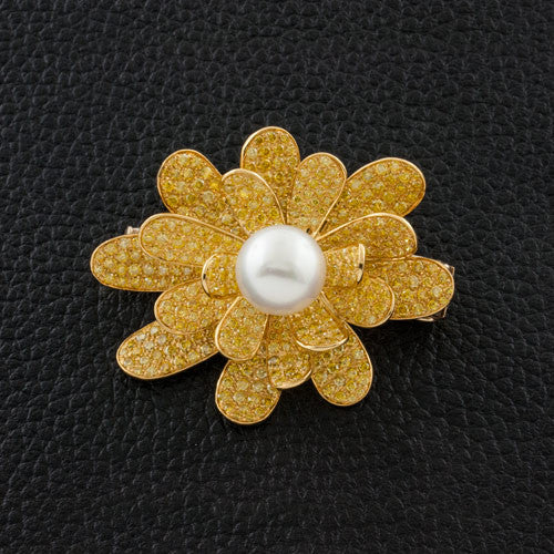 Yellow Diamond & Pearl Estate Flower Pin