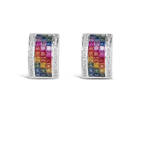 Multi-color Sapphire & Diamond Huggie Hoop Earrings