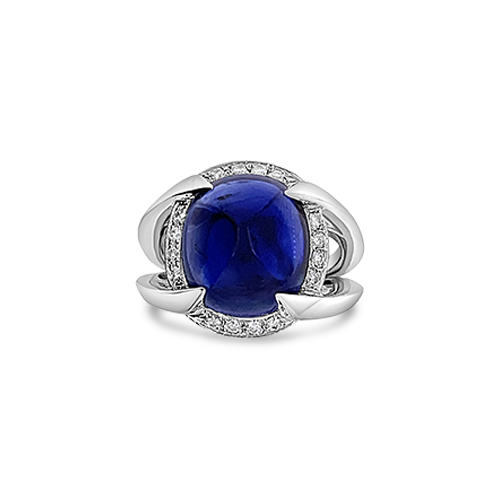 East-West Cabochon Sapphire & Diamond Halo Ring - Johnny Jewelry