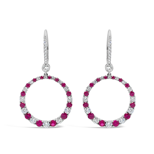 Ruby & Diamond Circle Dangle Earrings