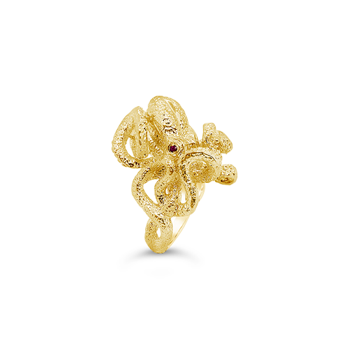 Gold Octopus Ring with Ruby Eyes