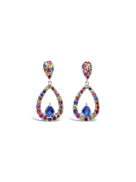 Pear Shaped Rainbow Sapphire Dangle Earrings