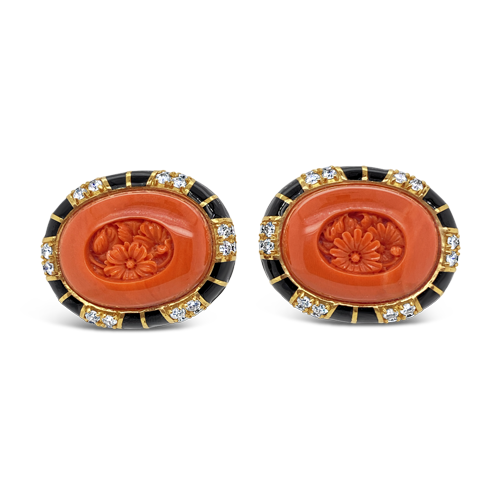 Carved Coral, Onyx & Diamond Earrings