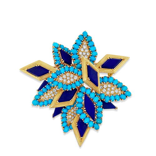 Lapis, Diamond & Turquoise Estate Pin