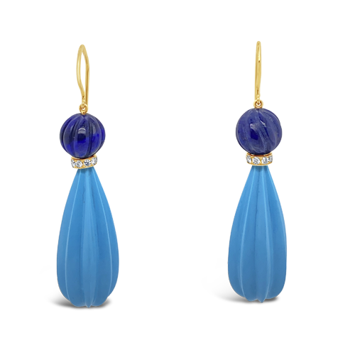 Turquoise, Lapis & Diamond Estate Earrings