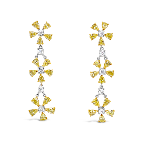 Yellow & White Diamond Dangle Flower Earrings